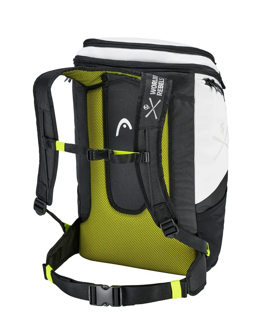 Weiß-schwarzer Head Rebels Backpack, Detailansicht von hinten mit gelbem Netzrücken und gelben Akzenten an Gurten.