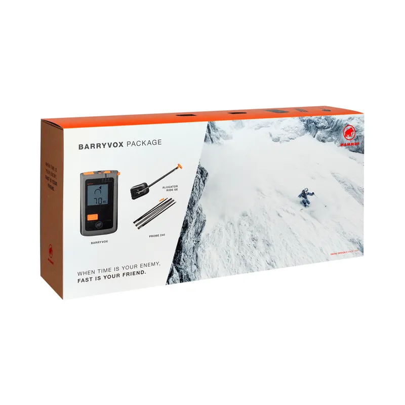Verpackung des Mammut Barryvox Package LVS Set mit Barryvox LVS-Gerät, Lawinensonde Probe 240 und Schaufel Alugator Ride.