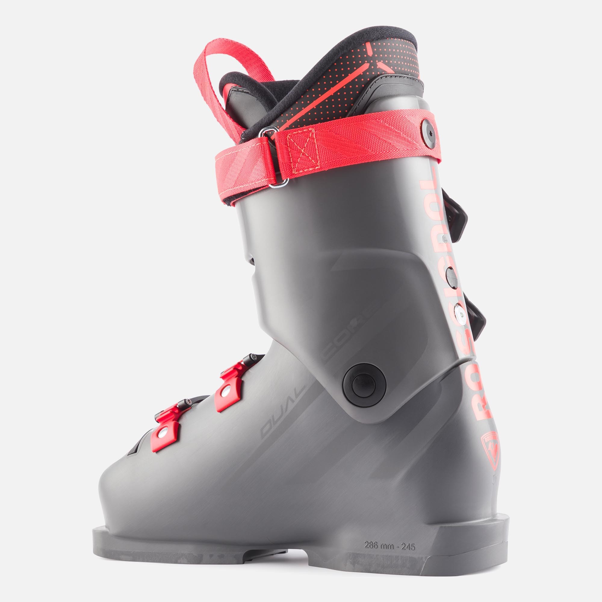Grauer Hero World Cup 70 SC Skischuh von der Seite, rote Schnalle und Details.