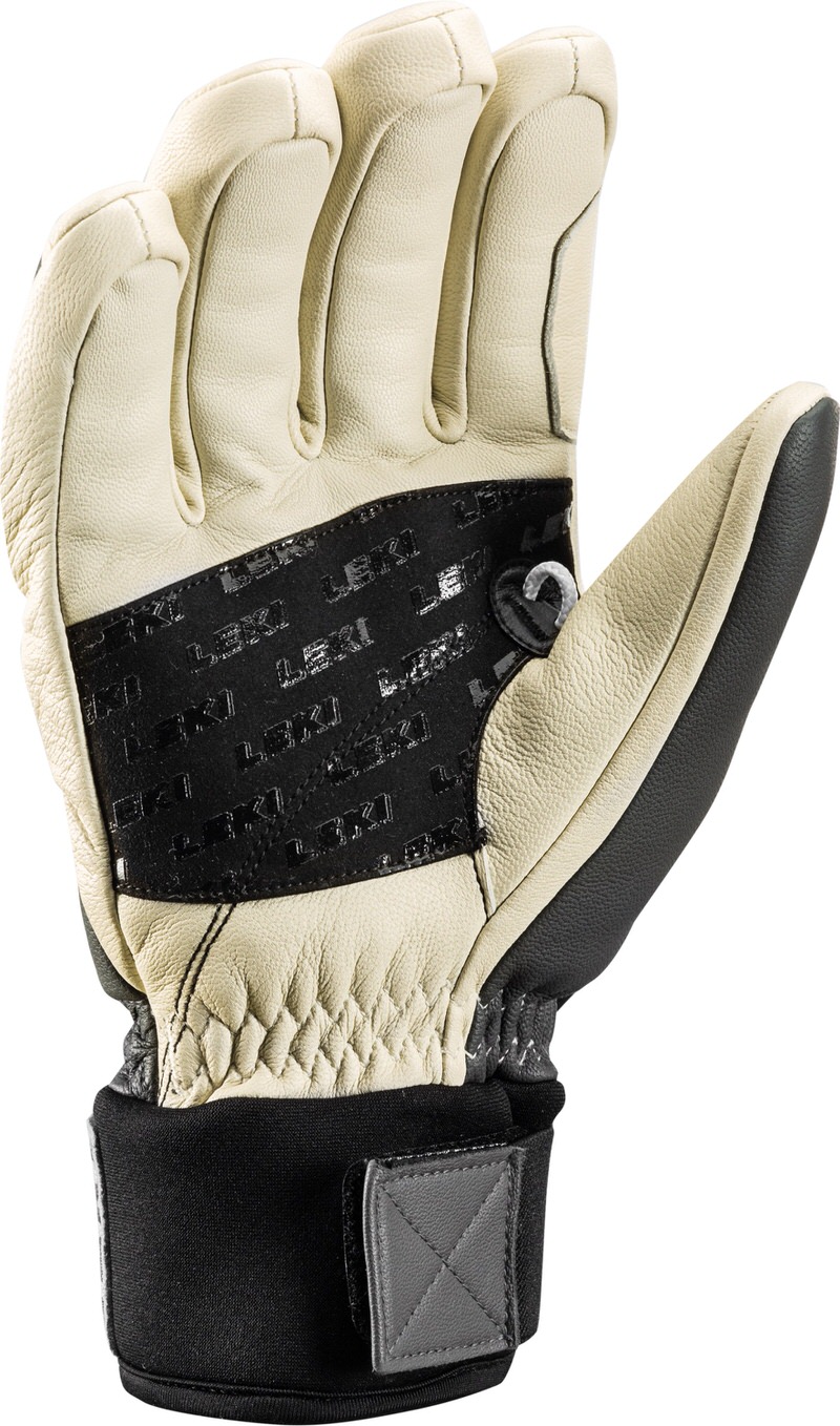 Einzelner, weiß-maroonfarbener Leki Patrol 3D Handschuh mit schwarzem Handgelenkband und schwarzem LEKI-Schriftzug über den Knöcheln.