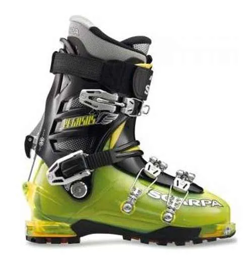 Close-up of the ski touring boot Scarpa Pegasus with buckles and power strap.