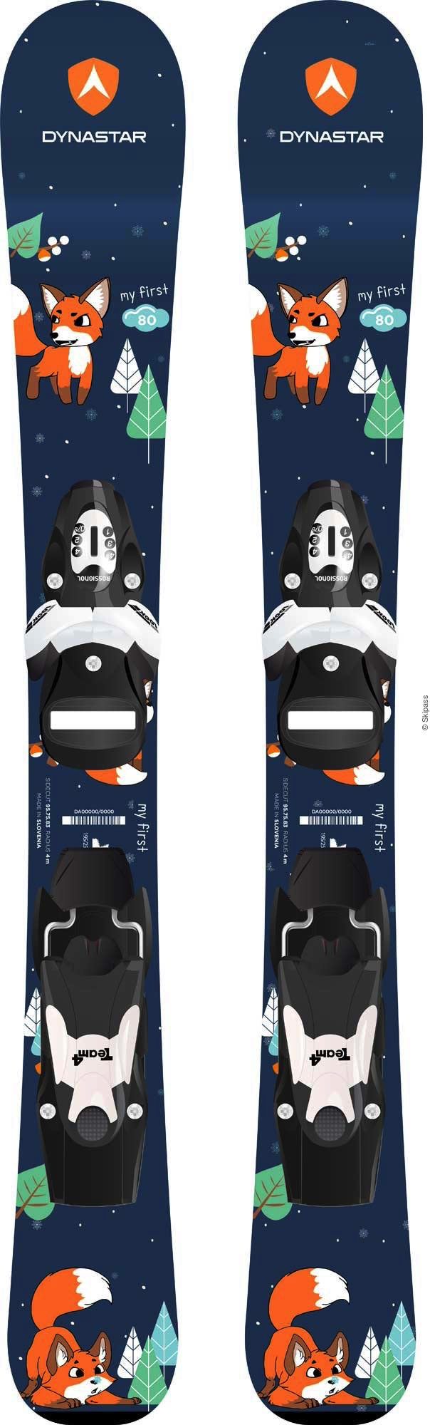 Deux Dynastar Skis pour enfants "My First Fox" avec des motifs de renards et des fixations sur fond bleu.