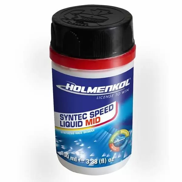 Verpackung von Holmenkol Syntec Speed Liquid MID Skiwachs mit blau-weissem Etikett und schwarzem Deckel.