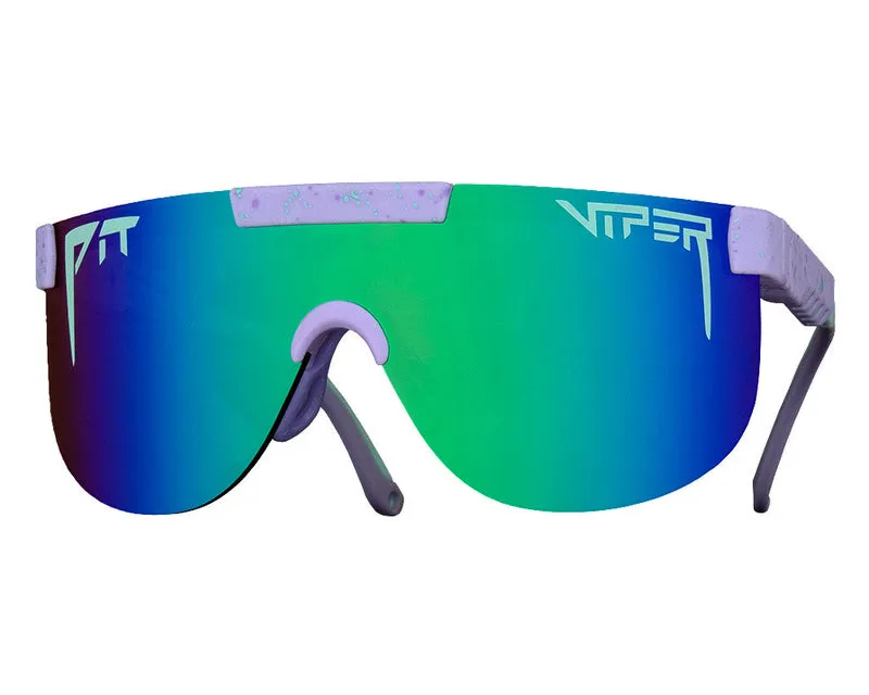 Lunettes de soleil Moontower Elliptical avec verres bleu-vert et monture violet clair.