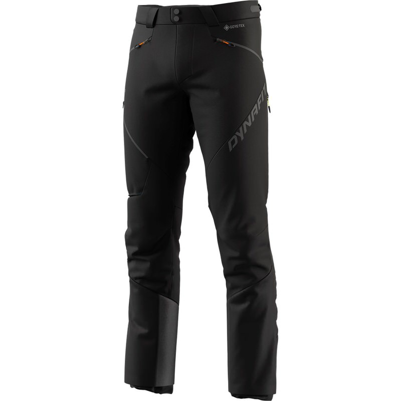 Pantaloni neri Dynafit Radical Infinium Hybrid da uomo, frontali, con logo e cerniere a vista.