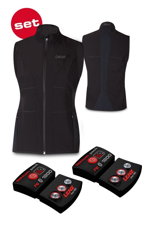 Schwarze Lenz Heat Vest Schwarze Lenz Heat Vest 1.0 Women Set, Front- und Rückansicht, mit zwei zugehörigen rcB 1800 Lithium Akkus.