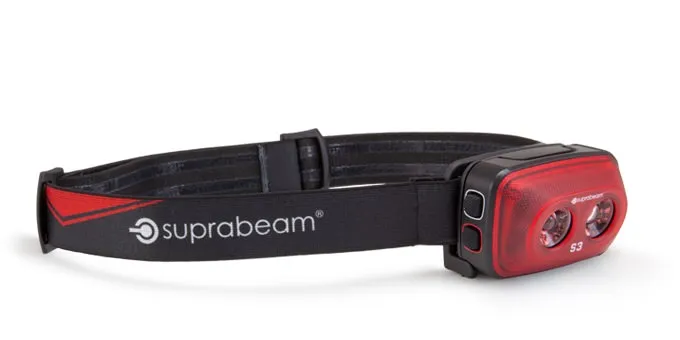 Suprabeam S3 Stirnlampe, schwarzes Stirnband mit rotem Akzent und rotes Lampengehäuse, mit zwei LEDs.