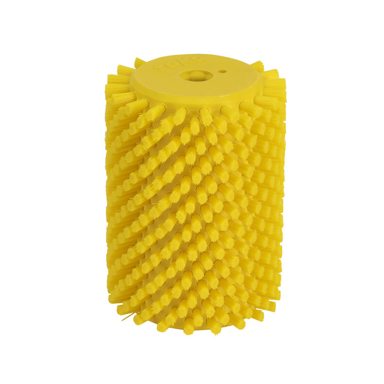 Brosse cylindrique en nylon Brosse en nylon jaune, cylindrique, avec des poils tout autour et un trou au milieu.
