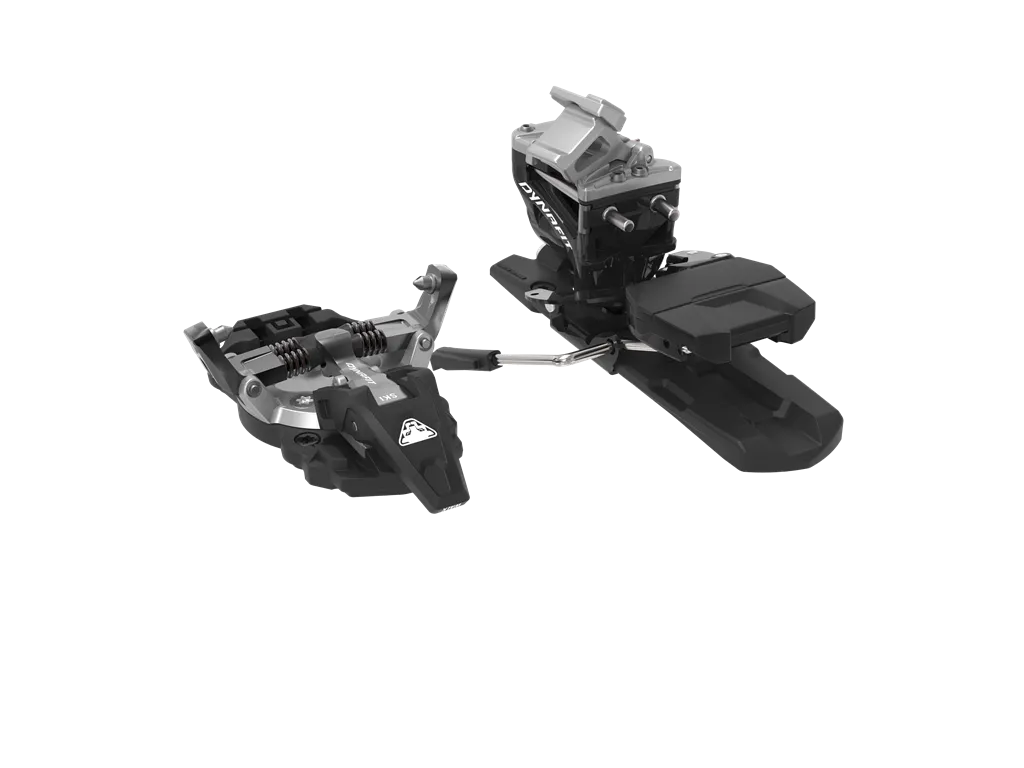 A Dynafit ST Rotation Lite 10 touring binding, with black and silver design, isolated on a white background.