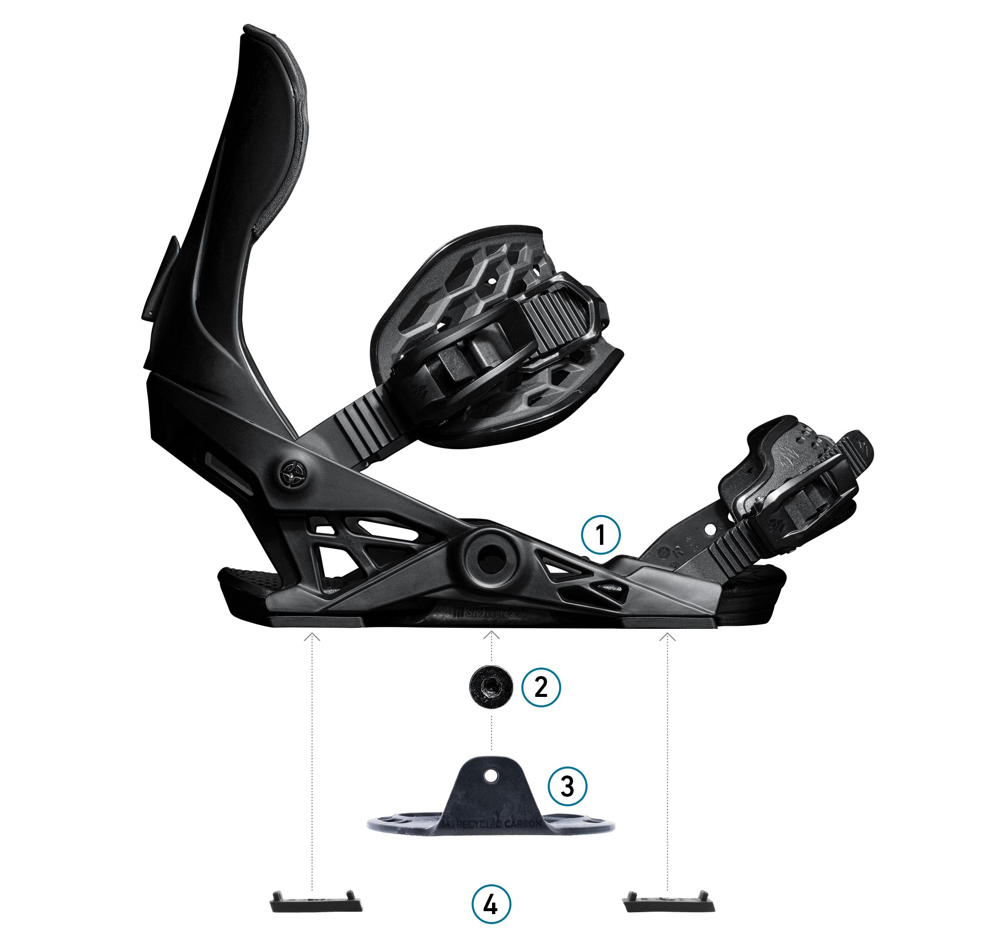Jones Apollo Pro ski binding Exploded view of the Jones Apollo Pro snowboard binding showing SKATETECH components.