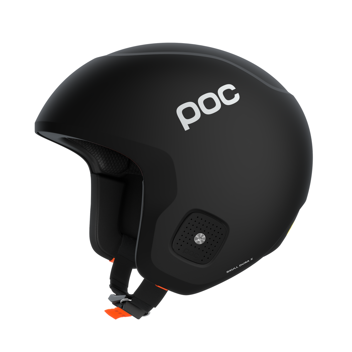 Schwarzer Poc Skull Dura X Mips Skihelm von der Seite, mit weißem Logo und orangenen Akzenten am Kinnriemen.