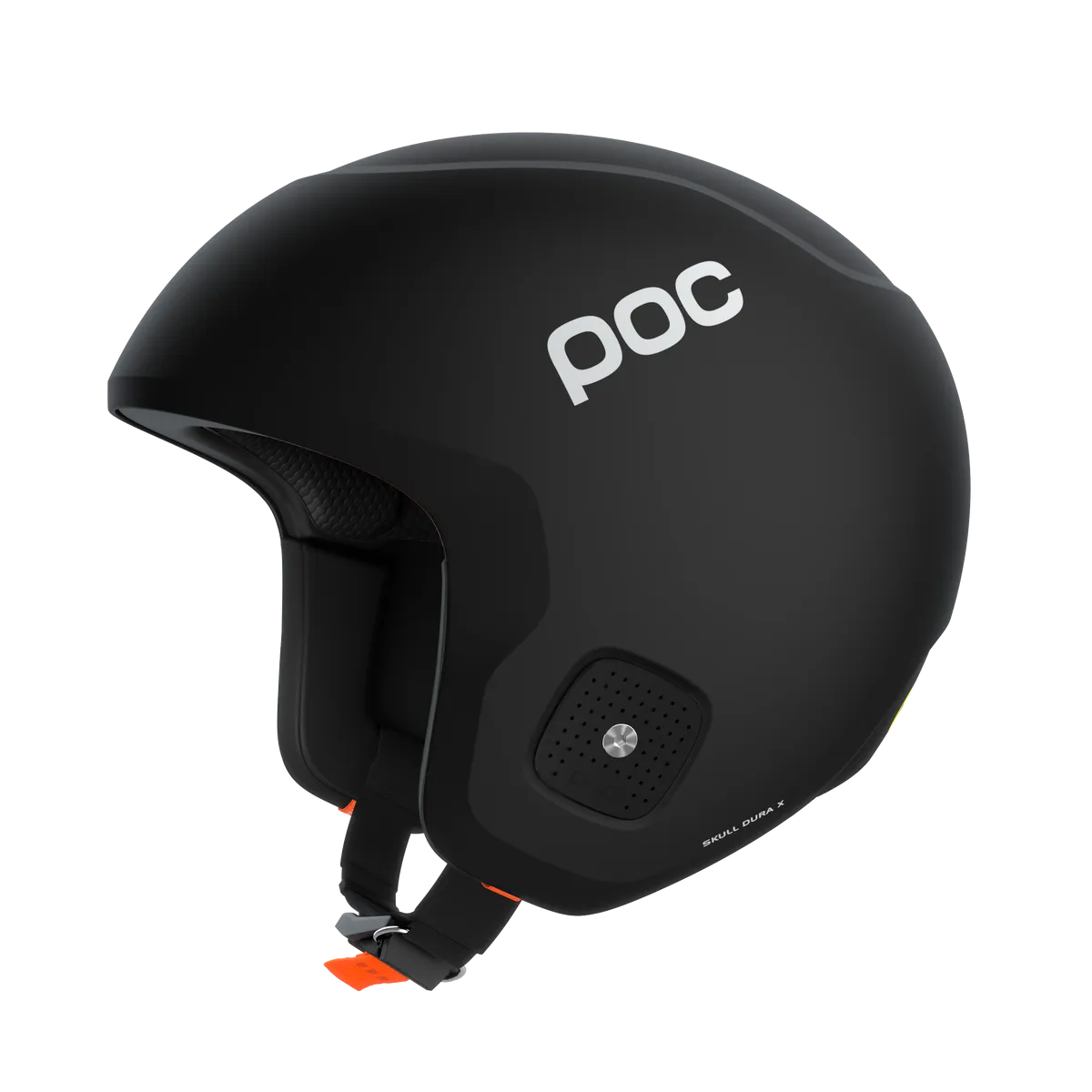 Black Poc Skull Dura X Mips ski helmet from the side, with white logo and orange accents on the chin strap.
