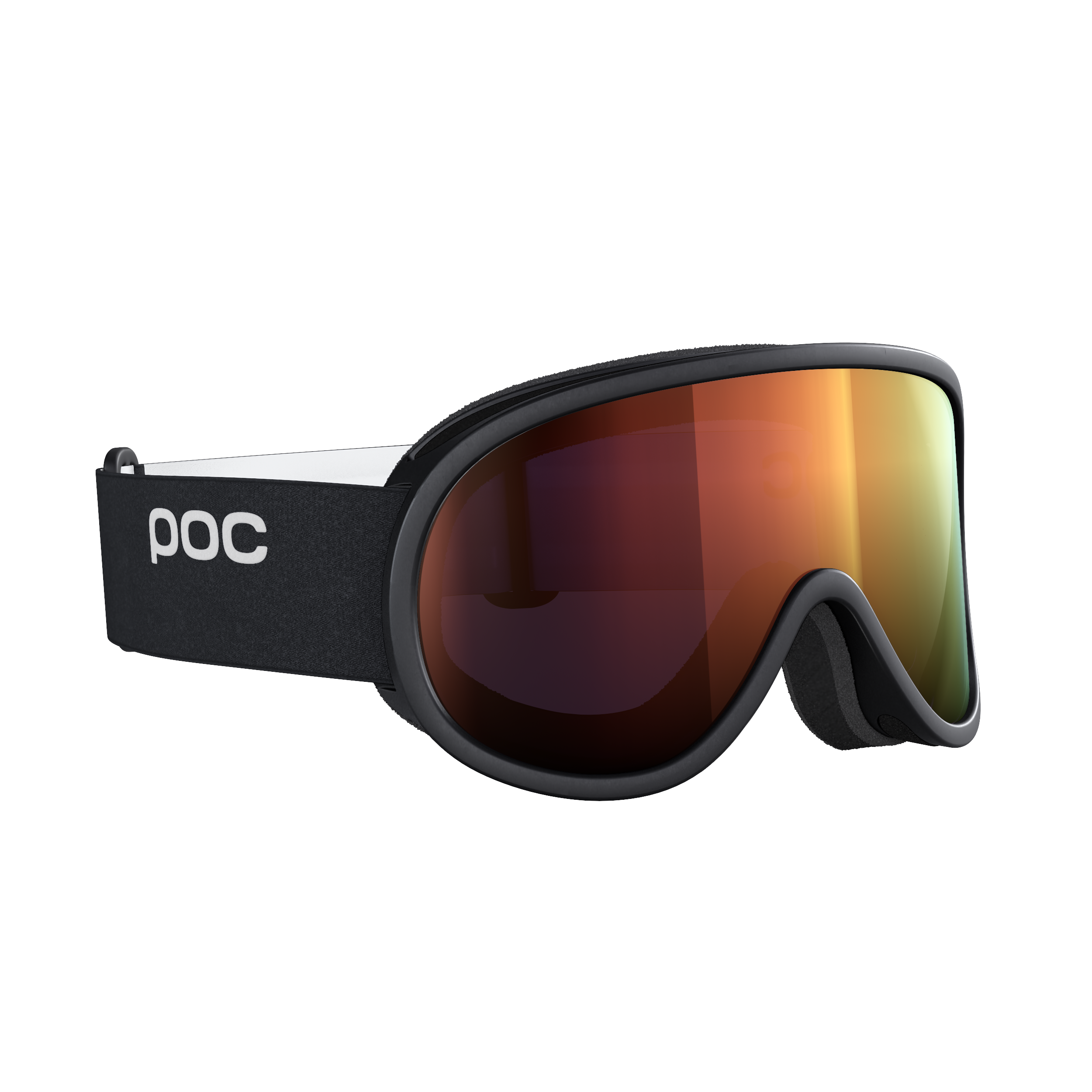 Schwarze POC Ski-Brille Schwarze Ski-Brille POC Retina Clarity mit orangefarbener Linse von der Seite, weißer Riemen mit POC-Logo.