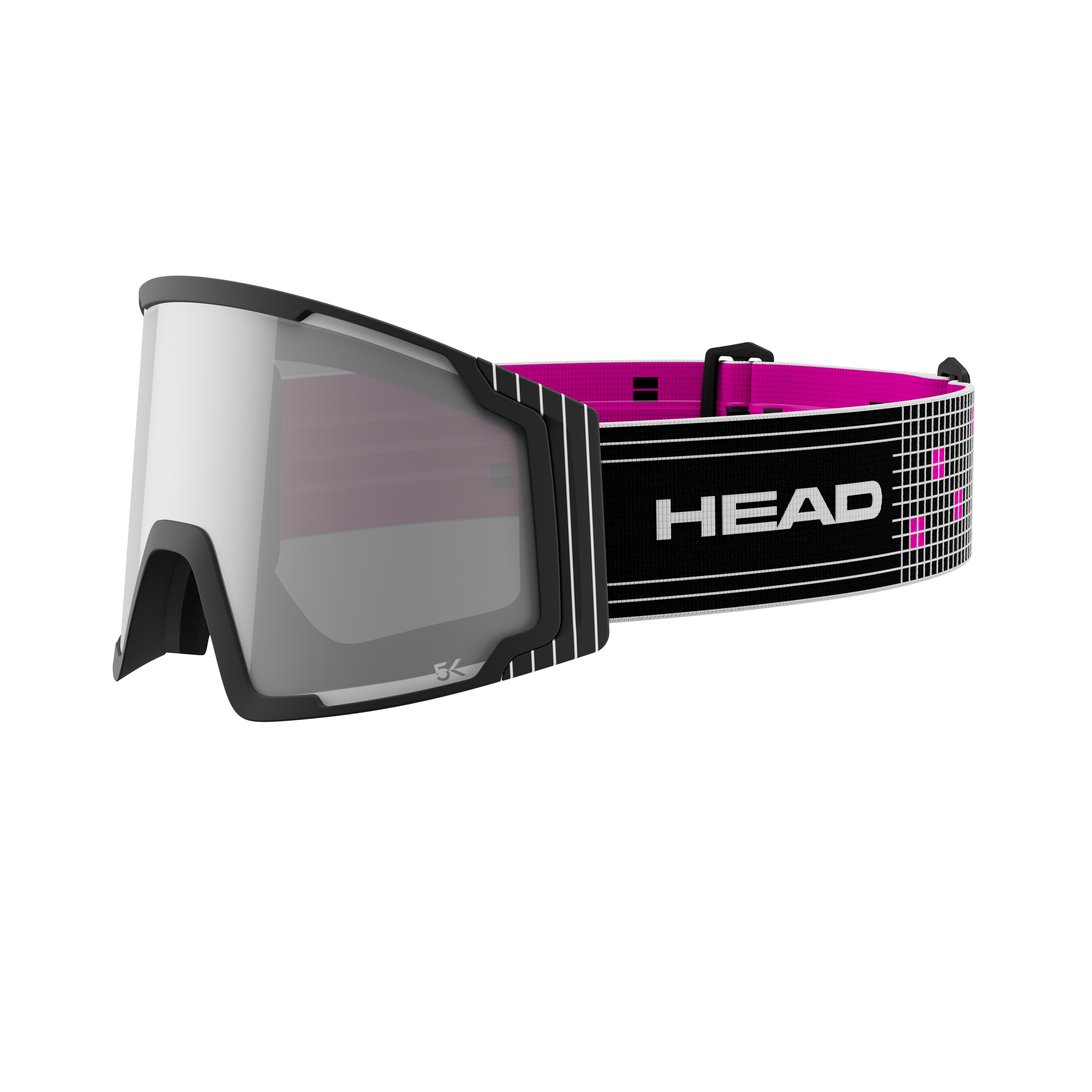 Graue Head NEVES PRO 5K Race Skibrille mit pinkem Innenfutter und Logo auf schwarzem, weiß gestreiftem Band.