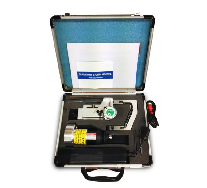 Opened aluminum box with blue foam inlay, containing a Jomax Machine edge sander and accessories.