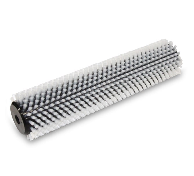 Weiße Nylon Rotor-Bürste für Snowboard mit schwarzen Borstenreihen auf zylindrischer Basis.