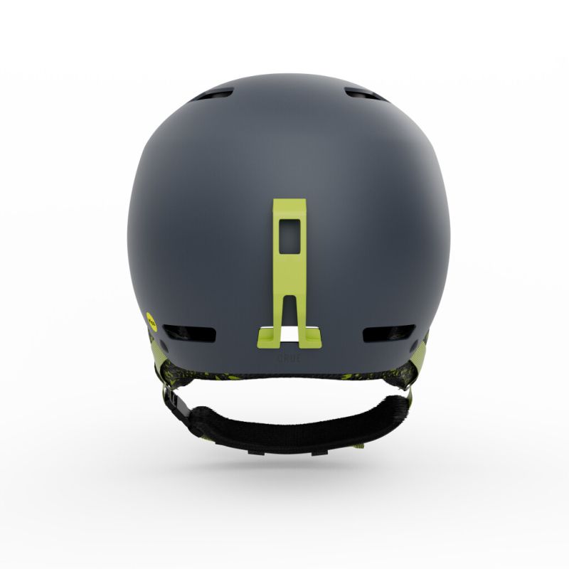 Casque de ski gris vu de l'arrière, avec un porte-lunettes vert clair et une sangle de cou noire, sur fond blanc.