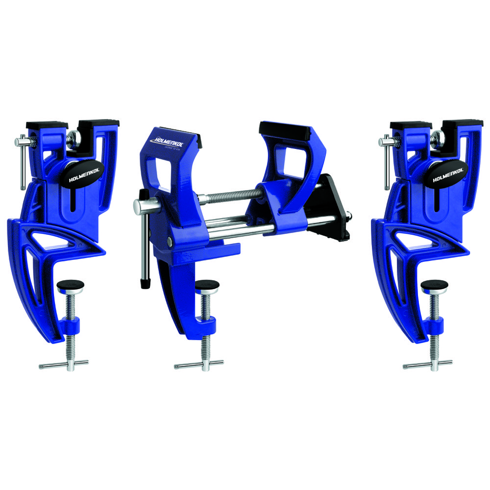 Drei blaue Holmenkol SuperProPlus Ski Vise mit silbernen Schrauben auf weißem Hintergrund.