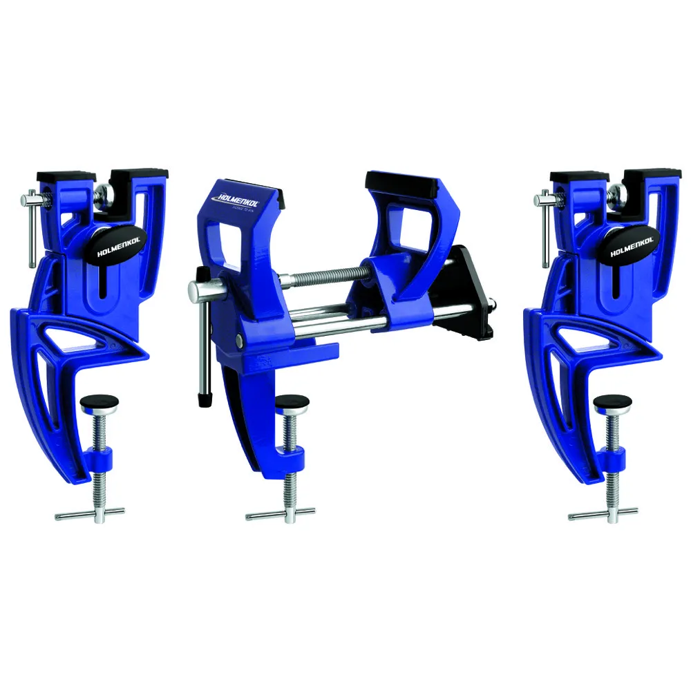 Three blue Holmenkol SuperProPlus Ski Vise with silver screws on a white background.