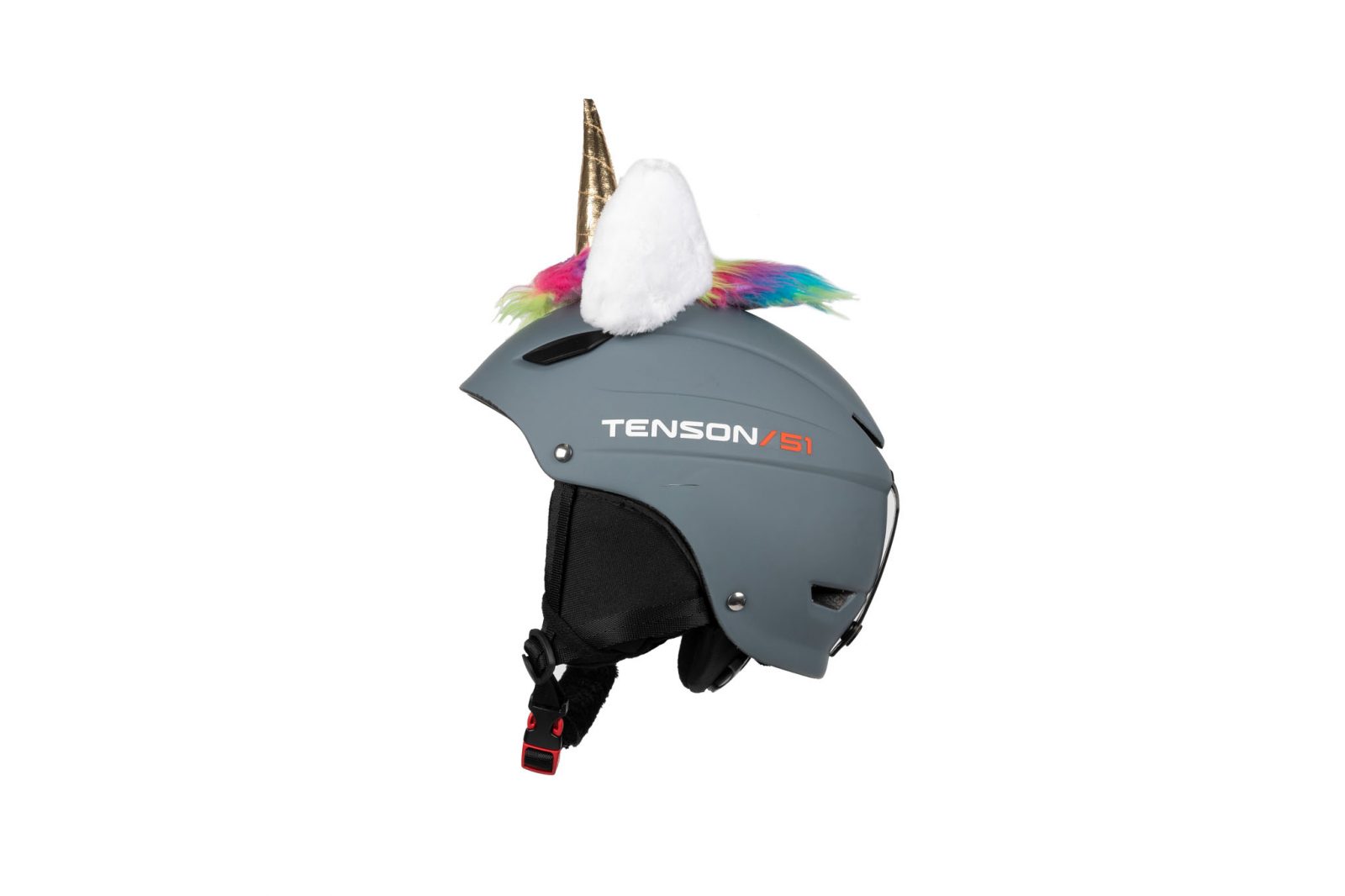 Grauer Helm mit angebrachten Hoxyheads Unicorn Ears, bestehend aus Horn, Fellohren und bunten Haaren.