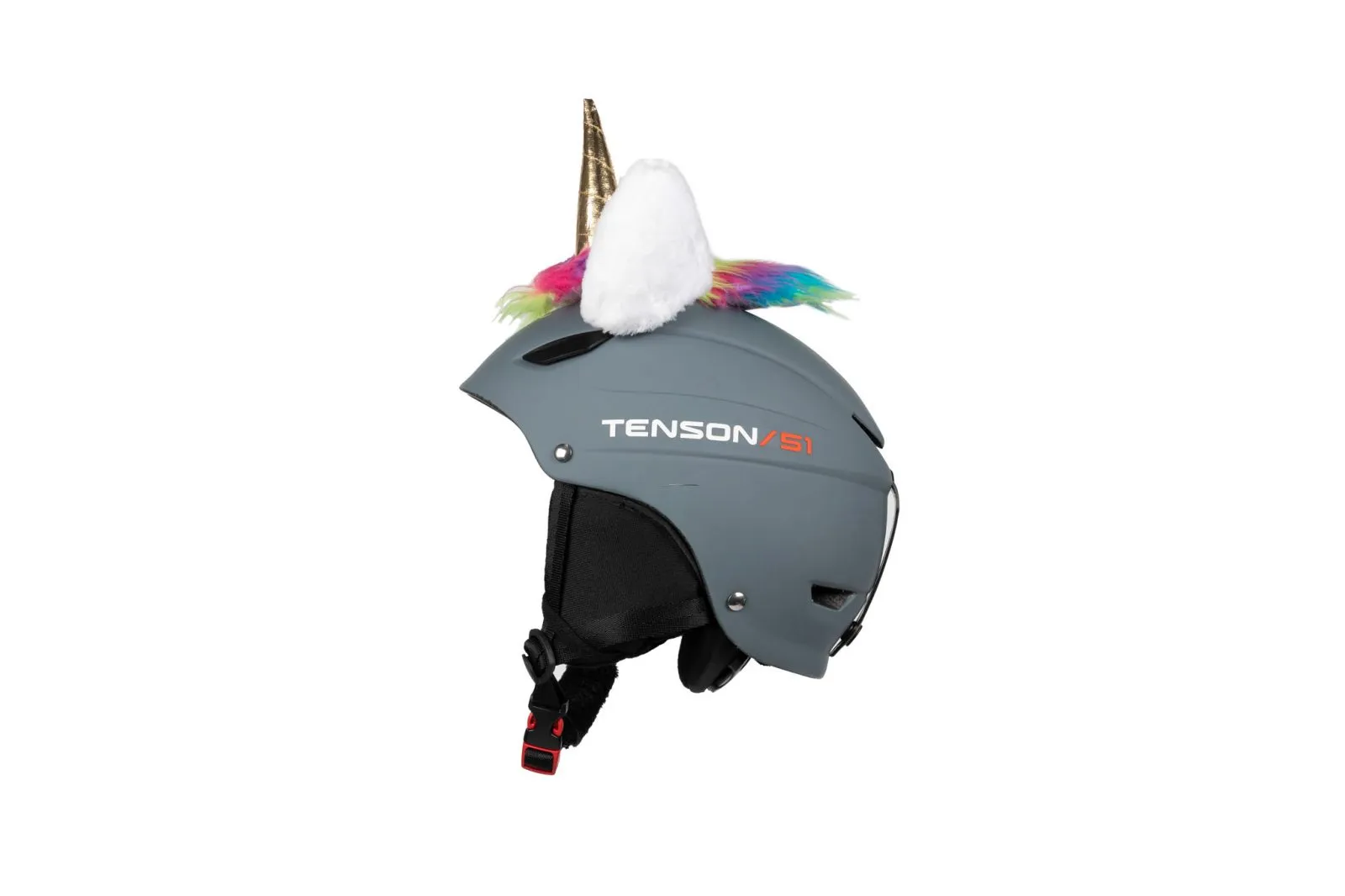 Grey helmet with attached Hoxyheads Unicorn Ears, consisting of horn, fur ears and colorful hair.