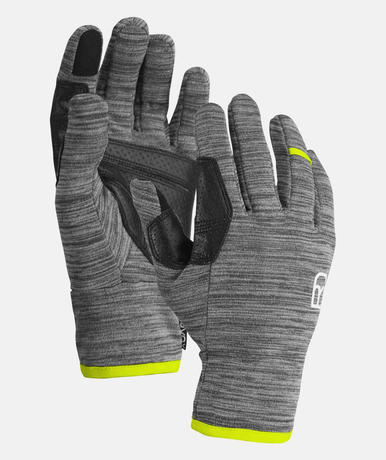 Gants gris Ortovox Freeride 3 doigts avec détails jaunes.