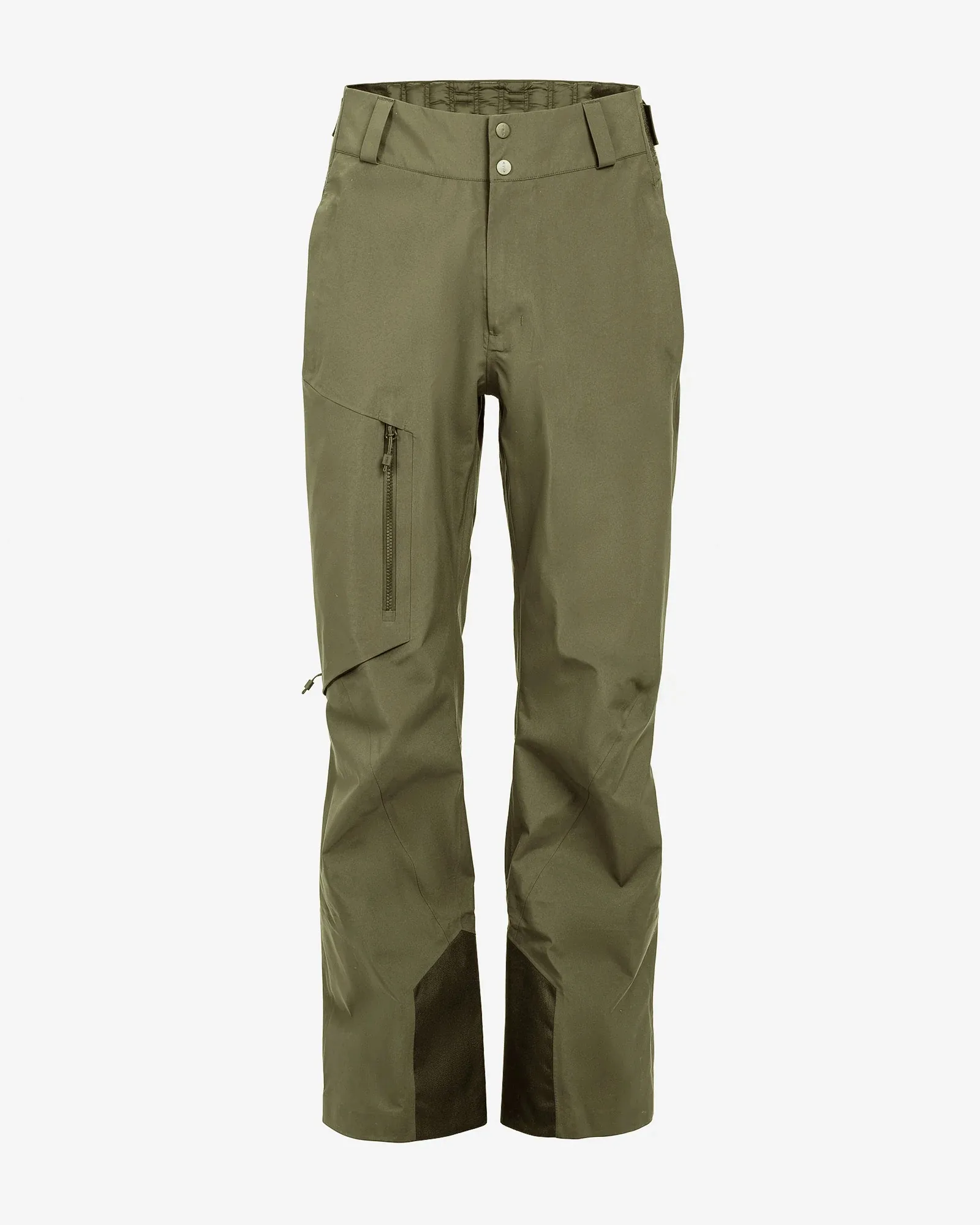 Pantaloni verde oliva con gambe dritte e cerniera sulla tasca. I pantaloni presentano un tessuto più scuro all'estremità delle gambe.