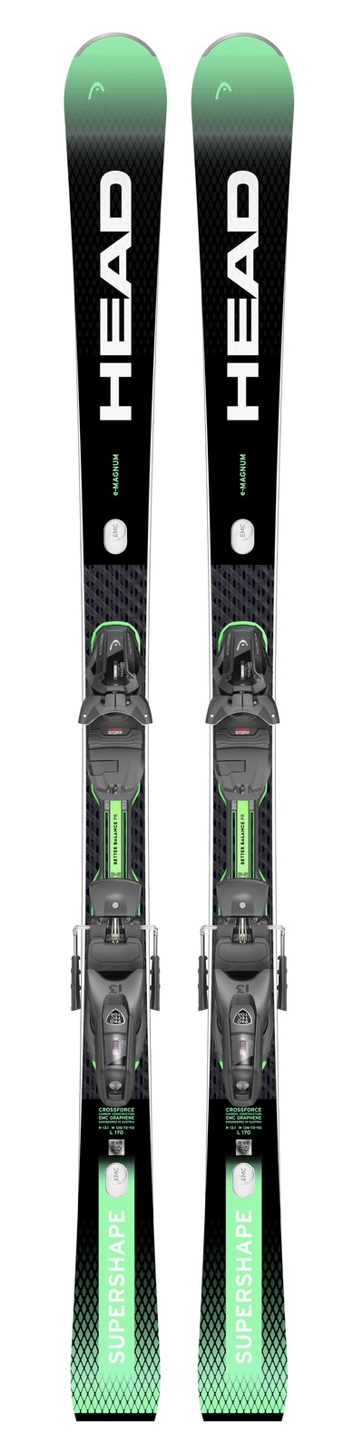 Two skis of the Head Supershape e-Magnum model with bindings, placed upright next to each other in front of a white background.
