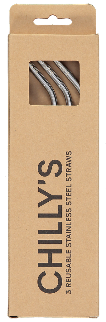Verpackung mit drei Chillys Strohhalmen aus Edelstahl, wiederverwendbar.