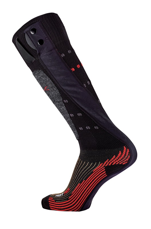 Heizsocke Schwarz-Rot Eine Therm-ic Powersock Heat Men V2 Heizsocke in Schwarz mit rotem Muster, seitlich abgebildet.