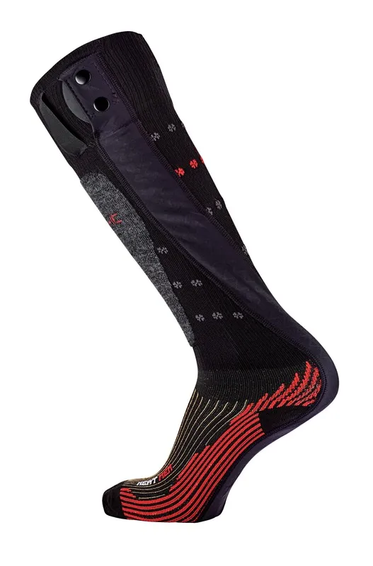 Eine Therm-ic Powersock Heat Men V2 Heizsocke in Schwarz mit rotem Muster, seitlich abgebildet.