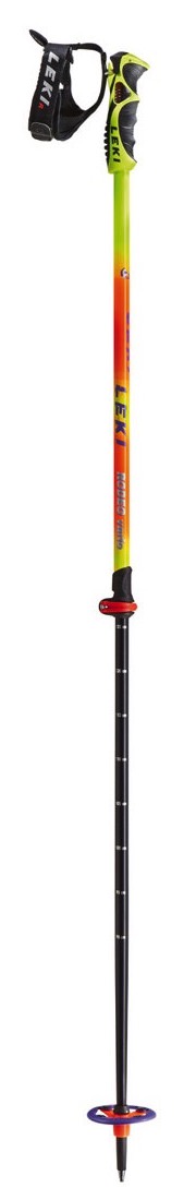 Ein Leki Rodeo Vario Skistock in Gelb-Orange mit schwarzem Unterteil und Griff.