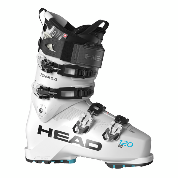 Weißer Skischuh mit schwarzem Futter, Schnallen und "HEAD"-Logo. "120 MV" in blau, seitlich am Vorderfuß.