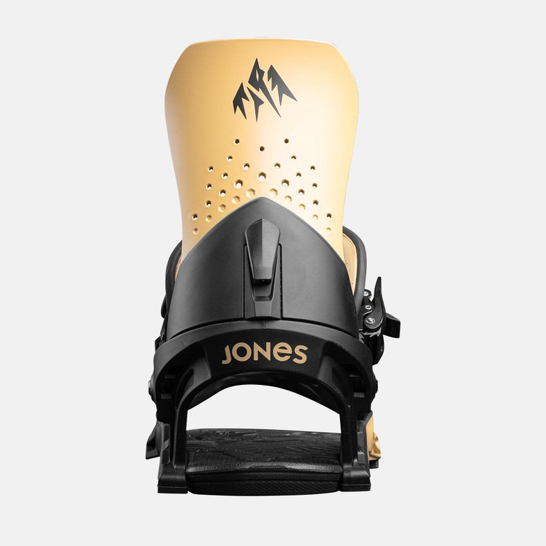 Nahaufnahme einer Jones Orion Sierra Tan Snowboardbindung.