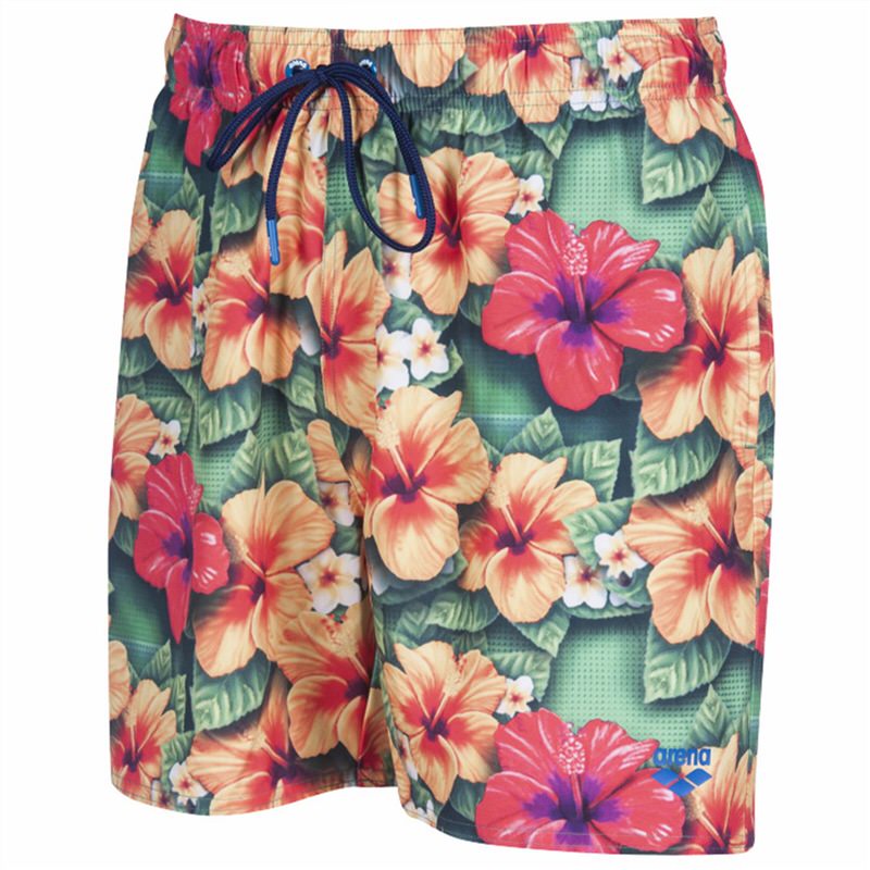 Badeshorts "Arena Sashay Boxer Golf Green" mit Hibiskusblütenmuster, Kordelzug und Arena-Logo.