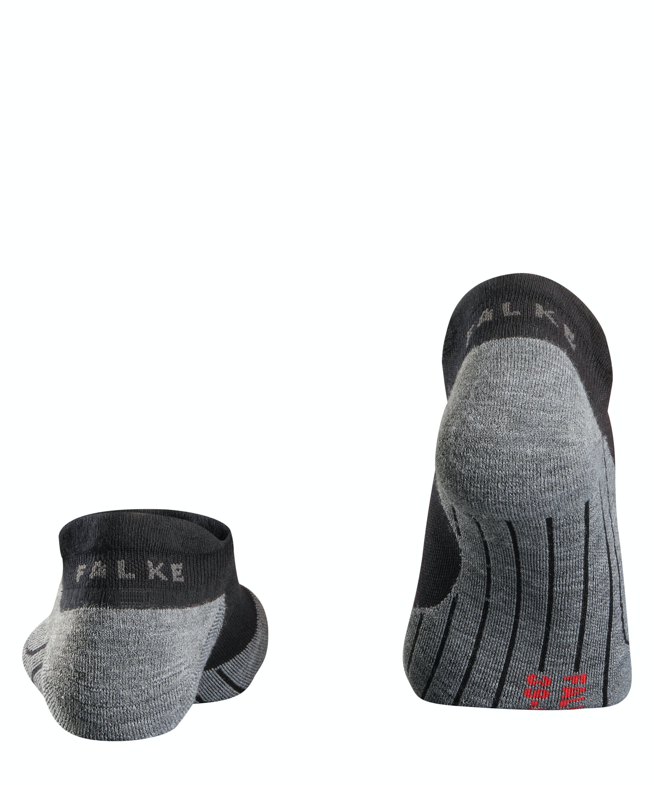 Zwei schwarze und graue RU4 Running Socken von FALKE, von hinten fotografiert.