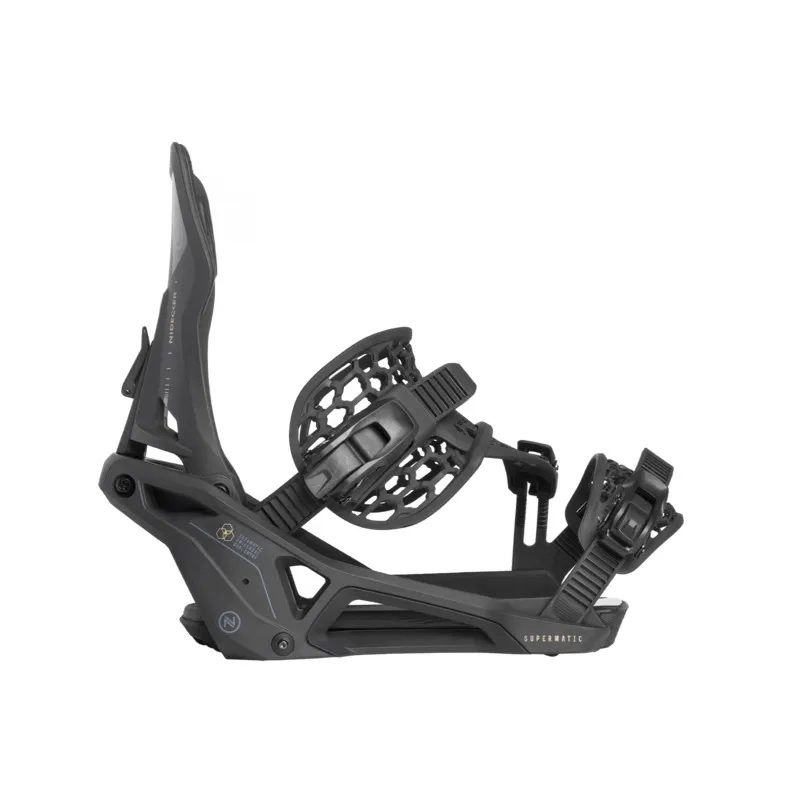 Detailed view of a black Nidecker Supermatic snowboard binding against a white background.