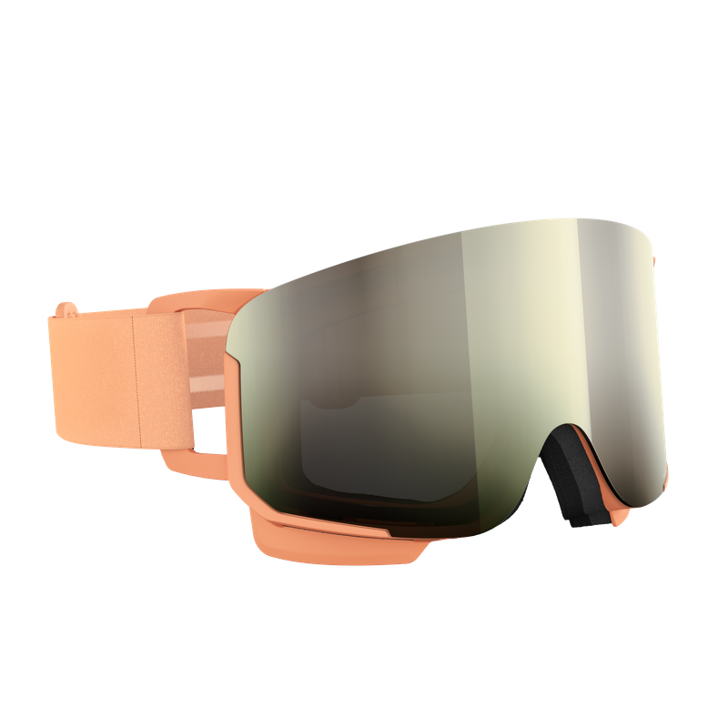 Pfirsichfarbene Skibrille mit großem, verspiegeltem Glas und schwarzer Polsterung am unteren Rand. Das Brillenband ist ebenfalls pfirsichfarben.