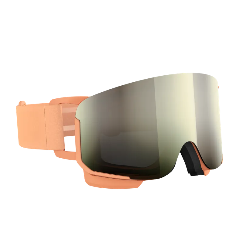 Peach-colored ski goggles with a large, mirrored lens and black padding on the lower edge. The goggle strap is also peach-colored.