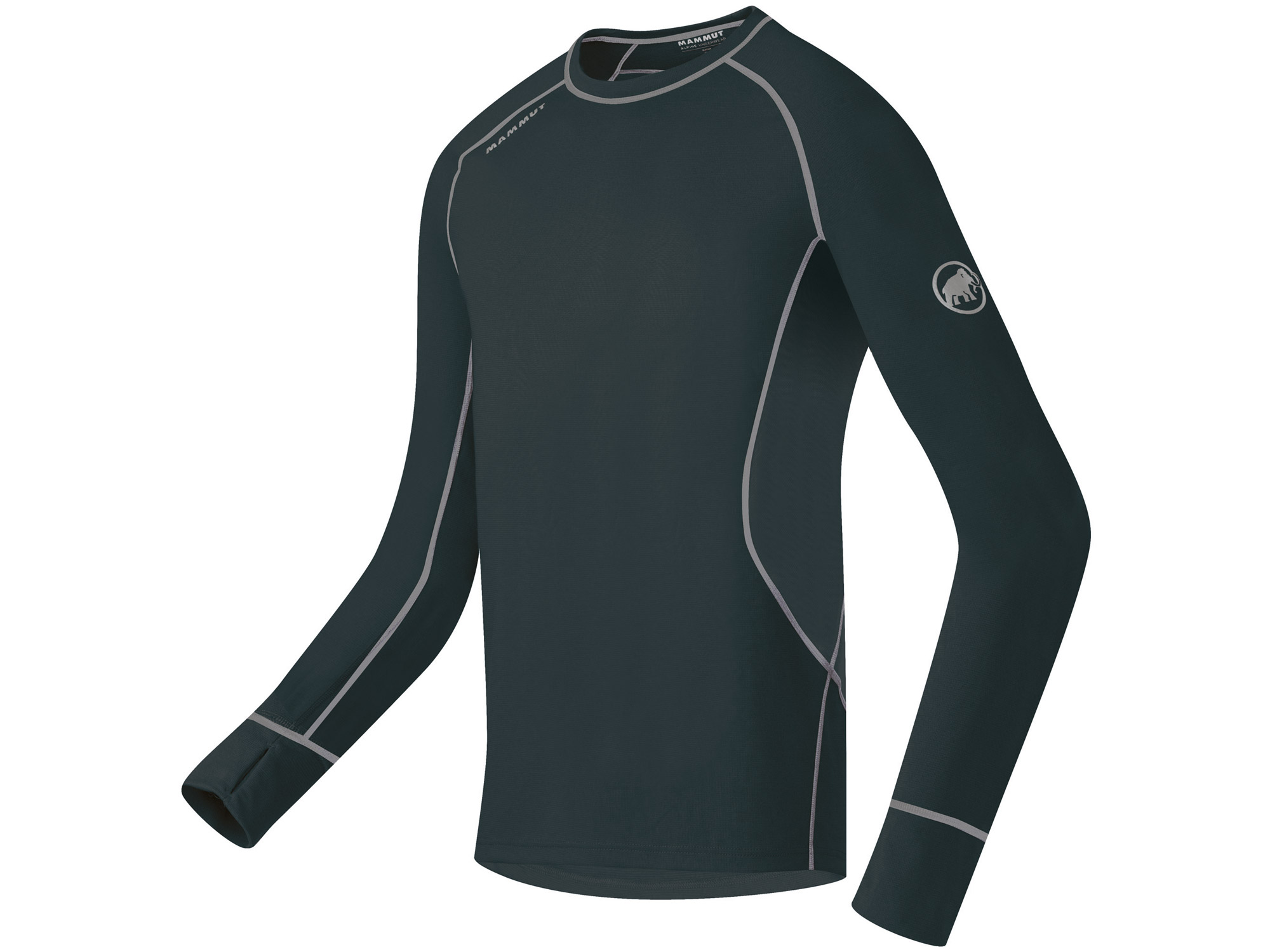 Dunkelblaues Mammut Longsleeve Funktionsunterhemd mit Daumenlöchern und reflektierenden Details.