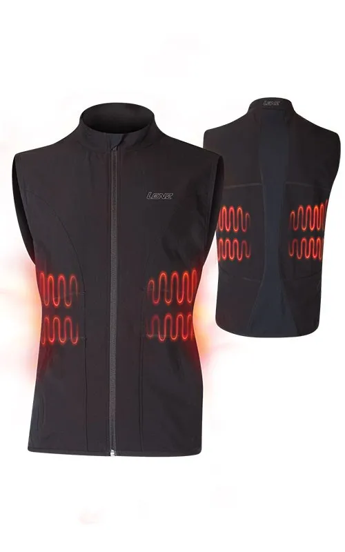 Black Lenz heated vest for men, front and back view with highlighted heating elements.