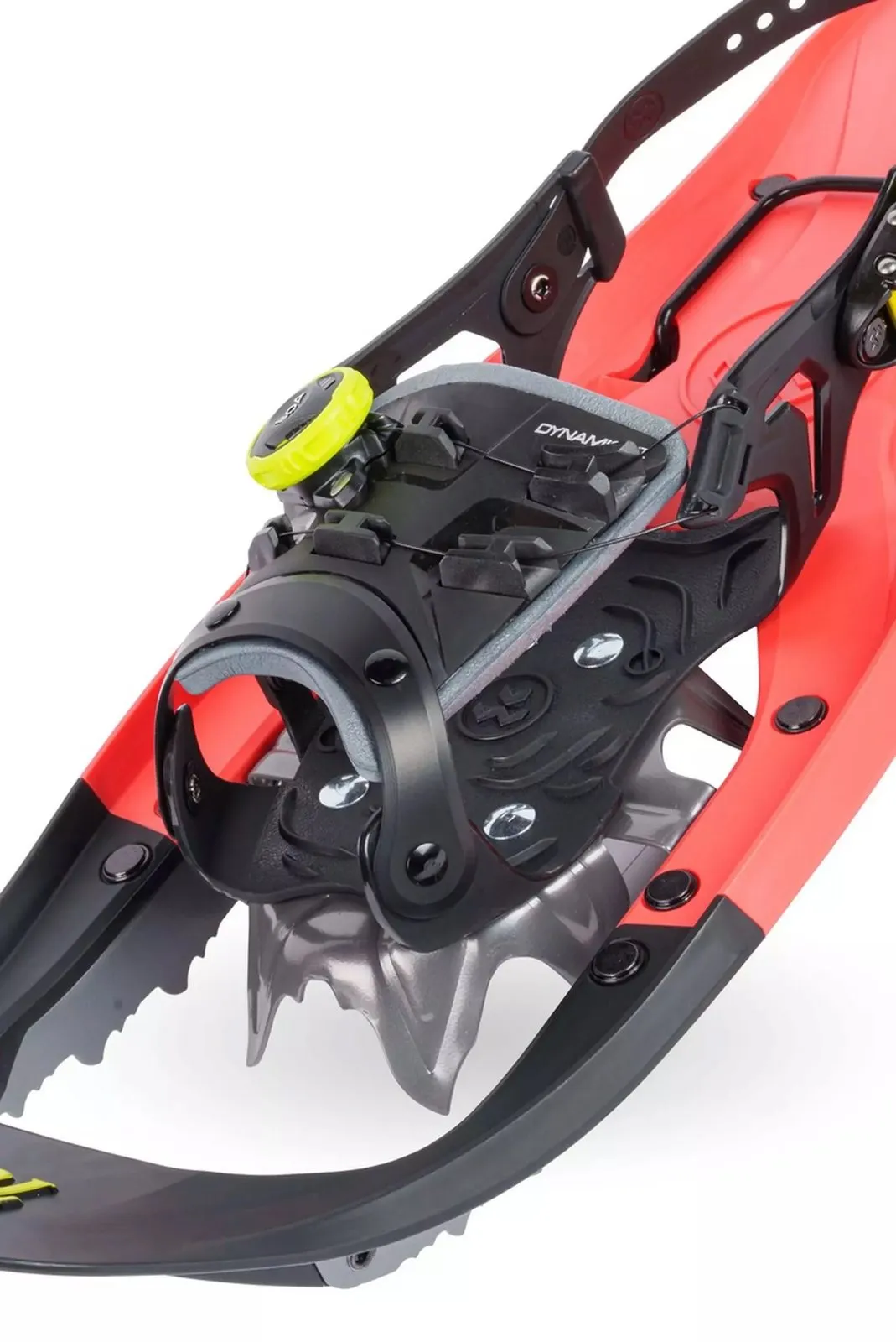 Close-up of a Tubbs VRT 25 women's snowshoe in coral with black binding and BOA Fit System.
