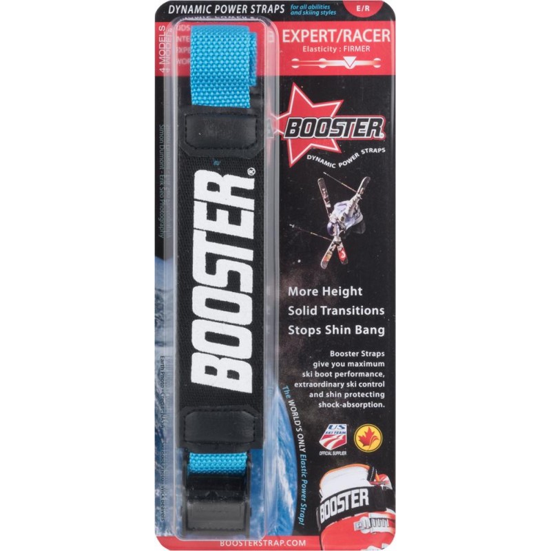 Verpackung des blauen Booster Strap Medium mit Gurtband und Metallschnalle für bessere Skikontrolle.