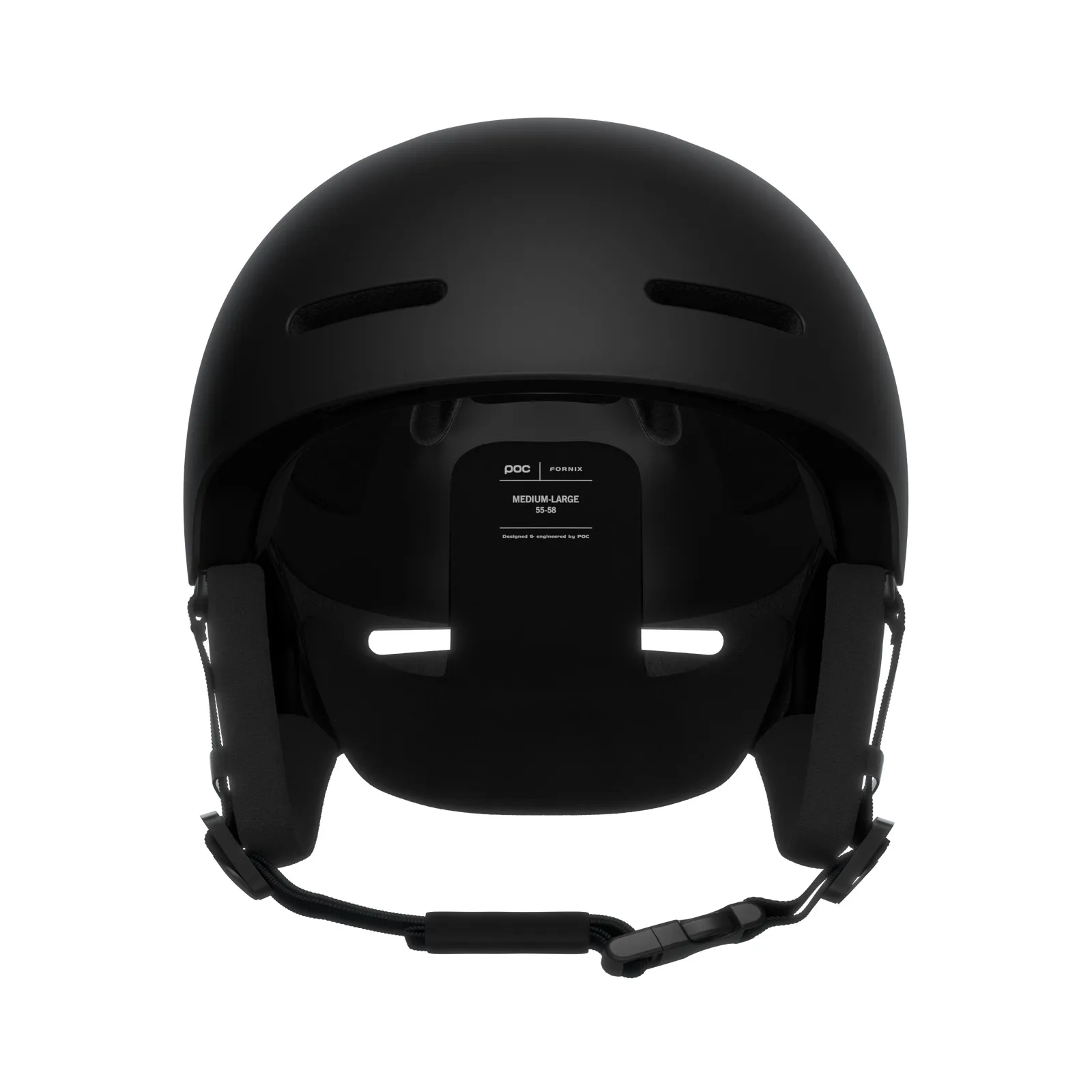 Schwarzer POC Fornix Mips Skihelm von hinten, mit Ohrpolstern und Kinnriemen. Belüftungsöffnungen sichtbar.