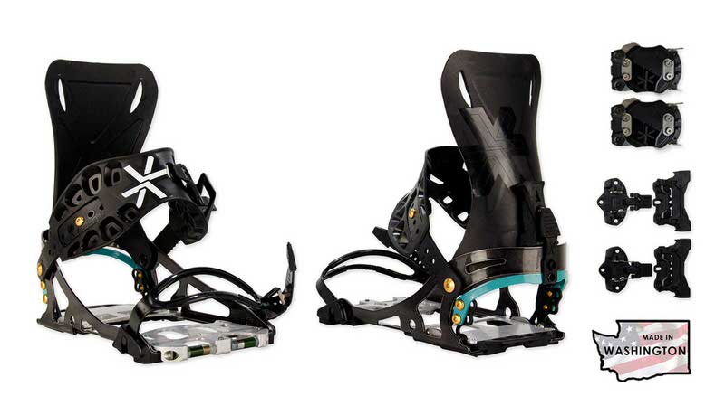 Schwarze Karakoram Prime X Interface Women Snowboardbindung, seitliche Ansicht mit Interface Kit.