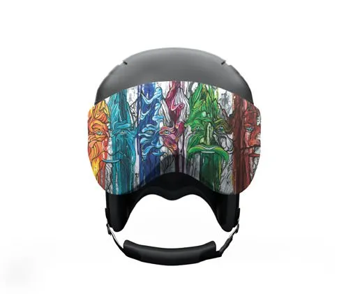 Helmet with visor protection, colorful forest face design, protection for the visor, Asthenospheric Mantle Swipeout Visorsoc.