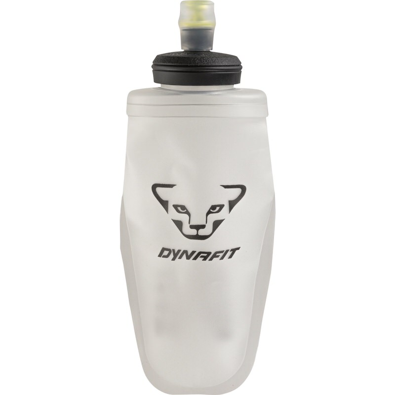 Gourde blanche Dynafit 350ml avec couvercle noir et logo noir Dynafit en forme de léopard des neiges stylisé.