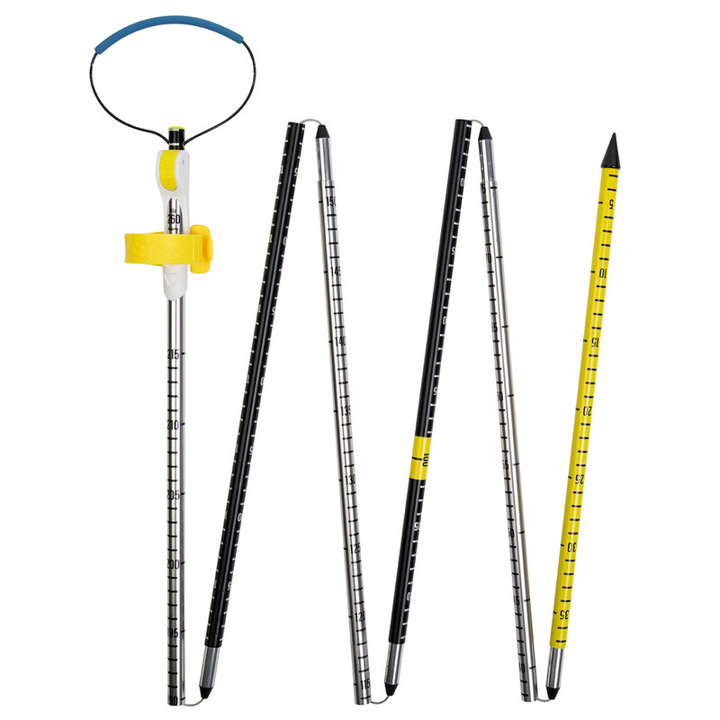 Zusammengefaltete, mehrteilige Pieps Alu 260 Sport Lawinensonde mit Spannsystem und gelbem Endstück.