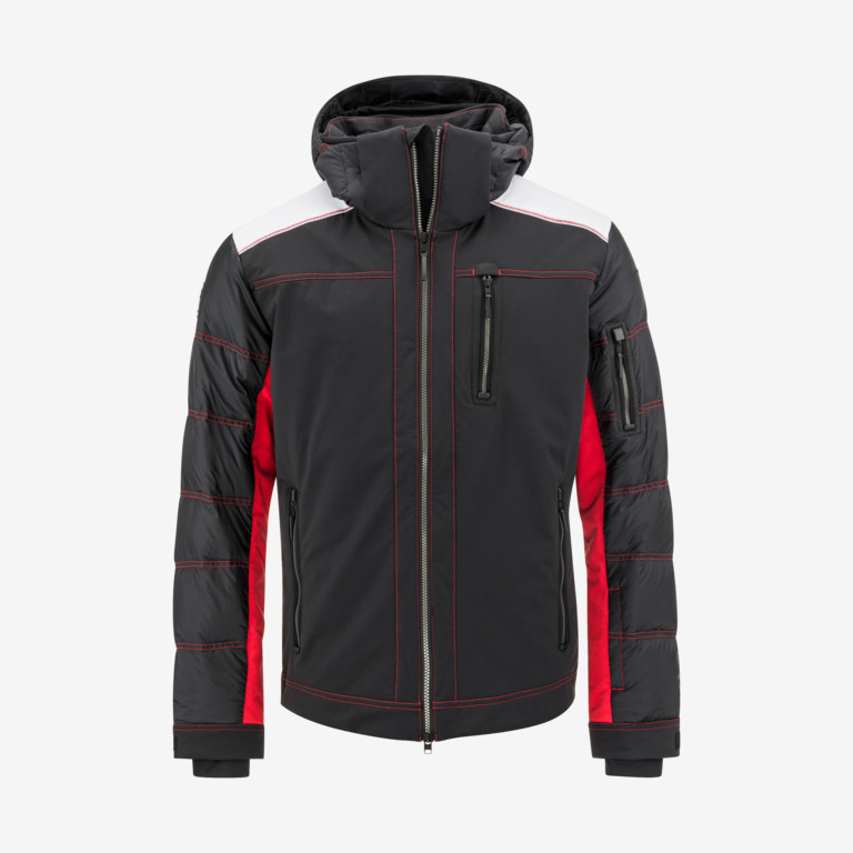 Veste de ski PORSCHE noire pour hommes avec capuche, manches rouges et épaules blanches. Les détails comme les fermetures éclair et les coutures sont également rouges.