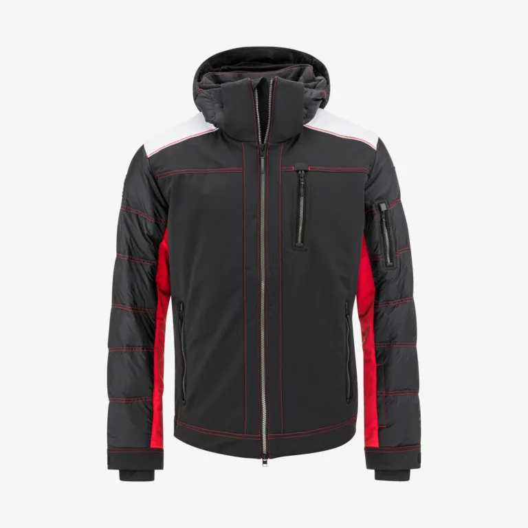 Giacca da sci PORSCHE nera da uomo con cappuccio, maniche rosse e spalle bianche. Anche i dettagli, come le cerniere e le cuciture, sono rossi.